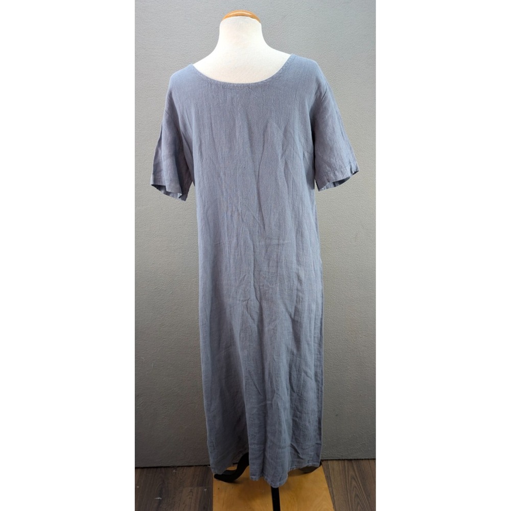Womens Linen Button Front Maxi Shirt Dress Embroidered Logo Size S Blue Chambray - Picture 8 of 13